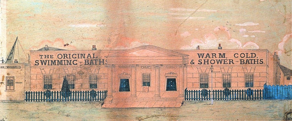 Ink and watercolour sketch showing the grand classical single-storey frontage