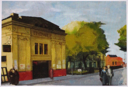 Watercolour of solid-looking yellow and red painted building