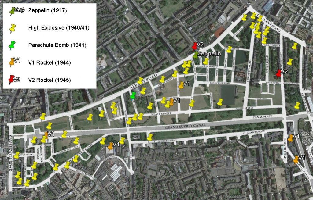 Map showing known bombs sites in the Park area from both wars
