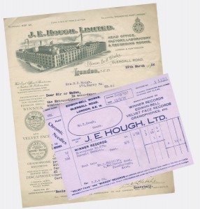 Invoice and letter, 1925/6, showing elaborate graphics of the factory along the top, with logos and trademarks down the left