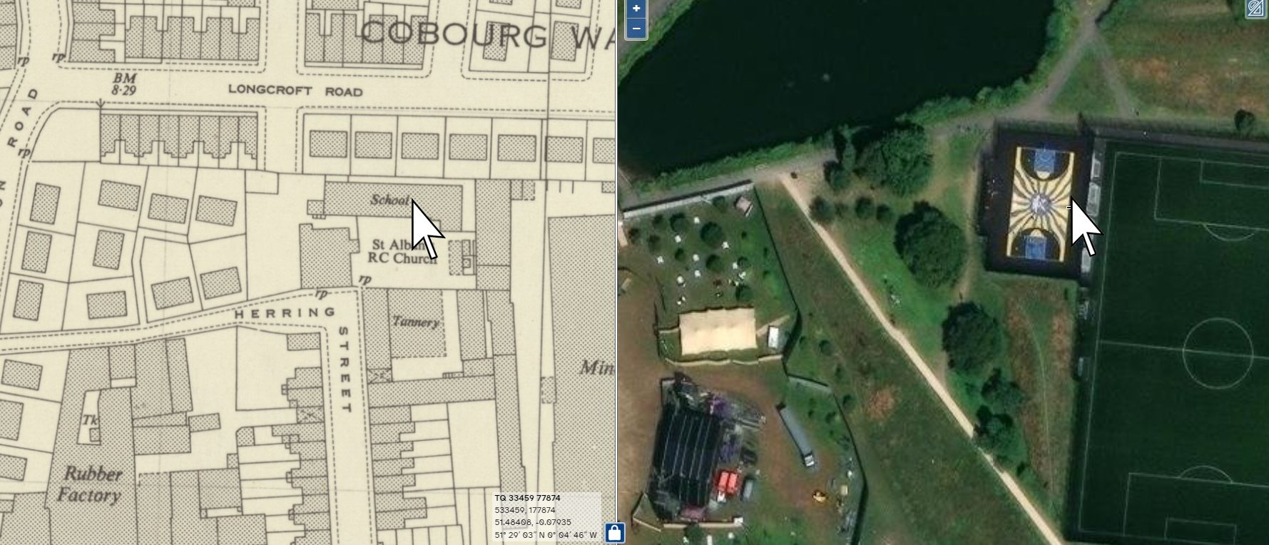 Map and present day aerial view of park