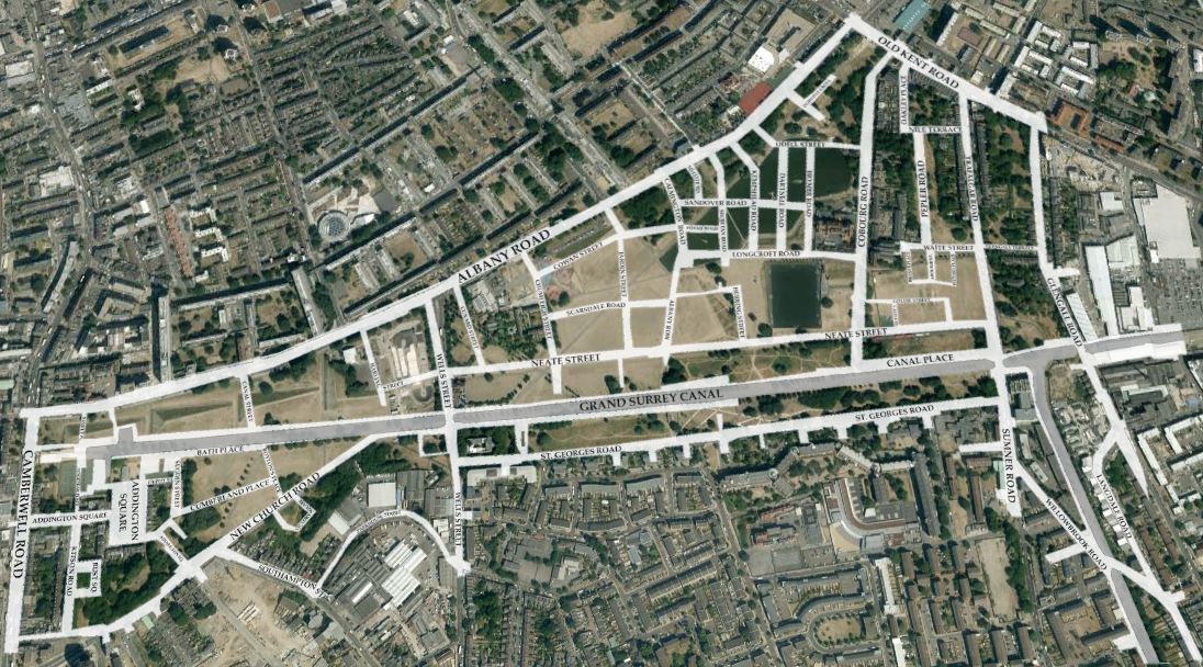 Satellite view of Burgess park with superimposed streets