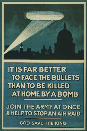 Poster showing a dirigible in the night sky over London