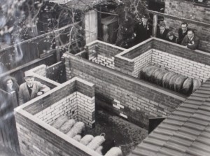 1942 photo viewing piggery, pigs & owners from above